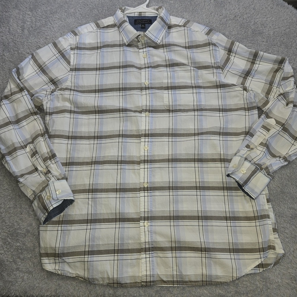 Banana Republic Mens XL Stretch Soft Wash Plaid Button Down Shirt Blue Brown